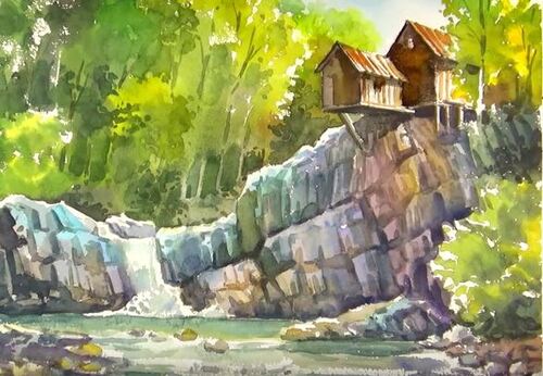 Dessin et peinture - vidéo 1965 : La maison de bois au bord de la cascade - Aquarelle sur papier.