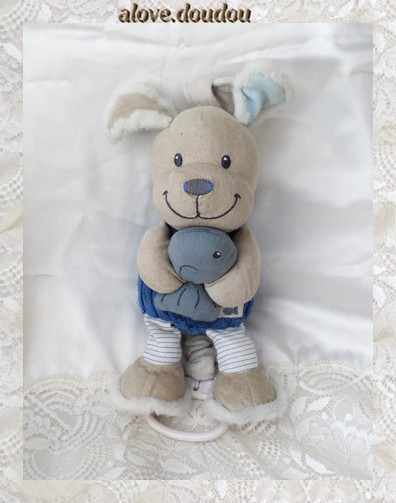 Doudou Peluche Chien Musical Pommette Bleu Cotelé Beige Poisson Gris