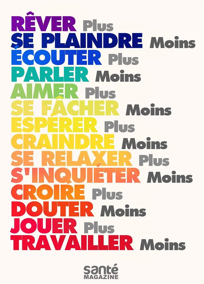 L’image contient peut-être : texte qui dit ’RÊVER Plus SE PLAINDRE Moins ECOUTER Plus PARLER Moins AIMER Plus SE FACHER Moins ESPERER Plus CRAINDRE Moins SE RELAXER Plus S'INQUIETER Moins CROIRE Plus DOUTER Moins JOUER Plus TRAVAILLER Moins santé MAGAZINE’