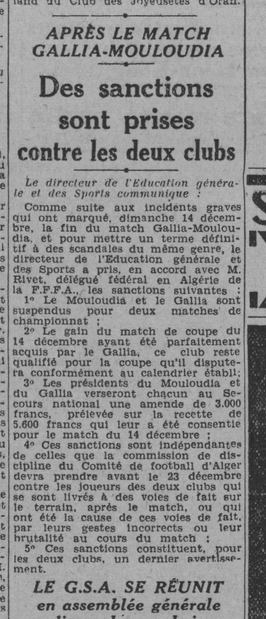 D 14.12.1941 coupe AFN à rejouer GSA-MCA 1-0 les sanctions