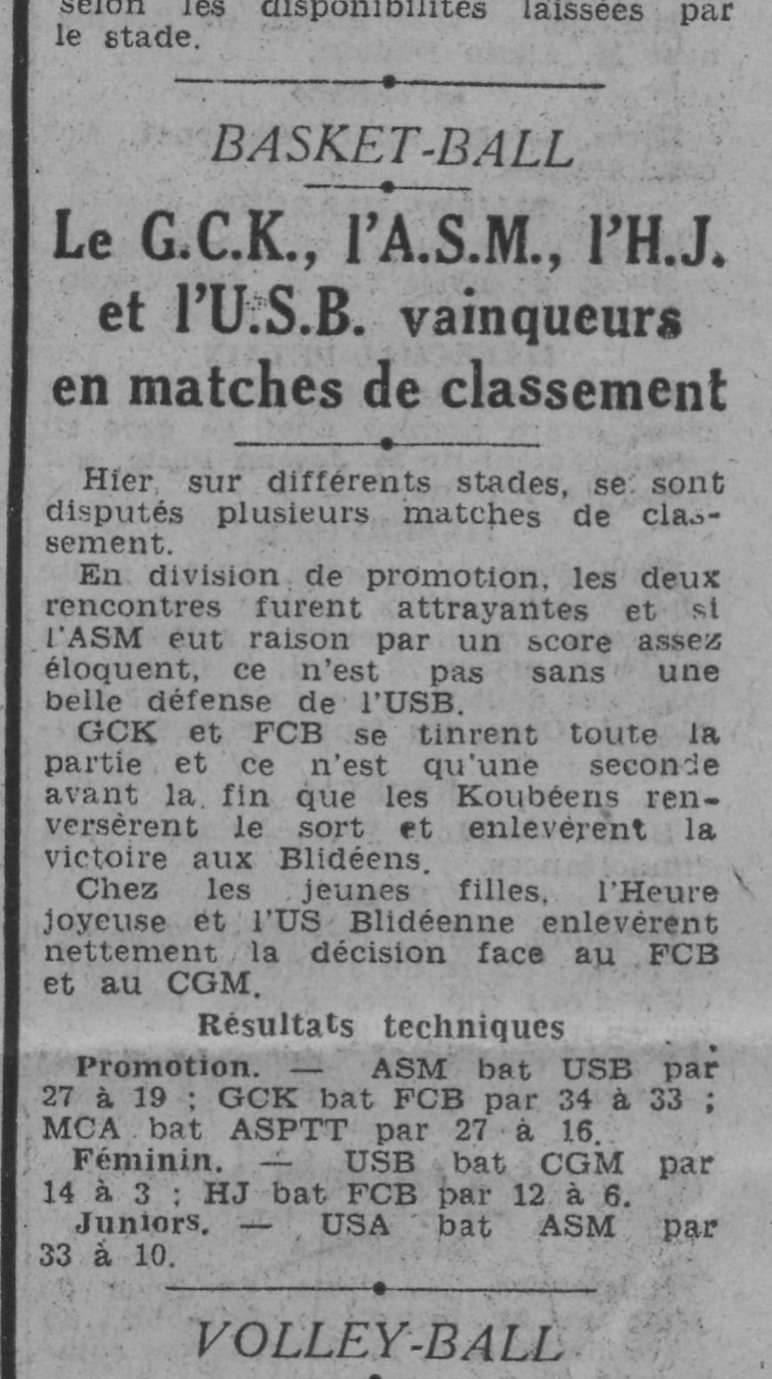 D 26.4.1942 Basketball MCA gagne le match des  premiers contre ASPTT 27-16