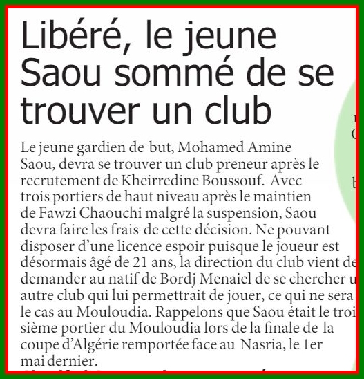 SAOU Mohamed Amine non retenu, il est libre