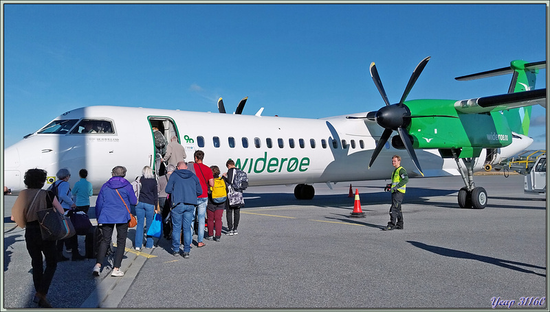 Départ de l'aéroport d'Oslo-Gardermoen pour Longyearbyen, via une escale technique à Tromsø (plein de carburant), en charter privé "Exploris" - Norvège