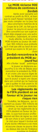 Zerdab en litige avec le MOB