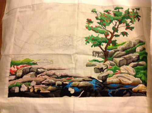 mon atelier couture perso paysage avec chateau.. c'est long