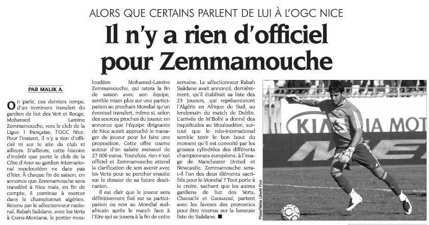Zemmamouche à l'OGC Nice rien d'officiel
