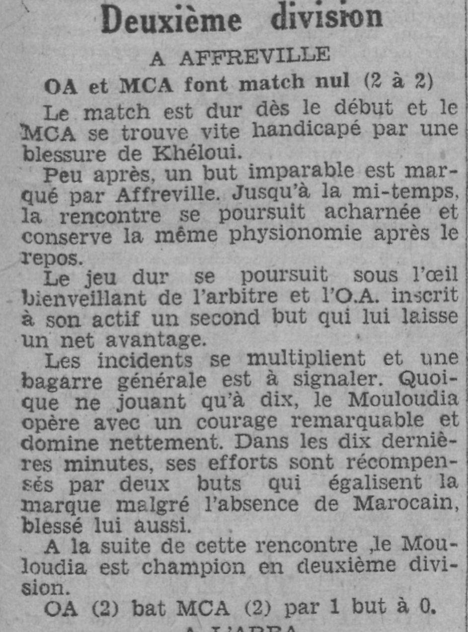 Dimanche 12.4.1931 à Affreville OA-MCA 2-2 MCA Champion