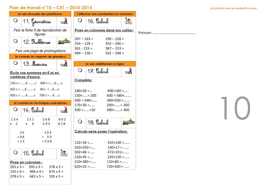 Plan de travail CE1 2014-2015 numéro 10