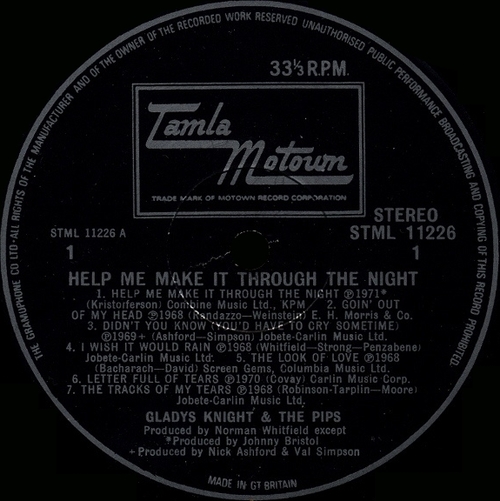 Gladys Knight & The Pips : Album " Help Me Make It Through The Night " Tamla Motown Records STML 11226 [ UK ]