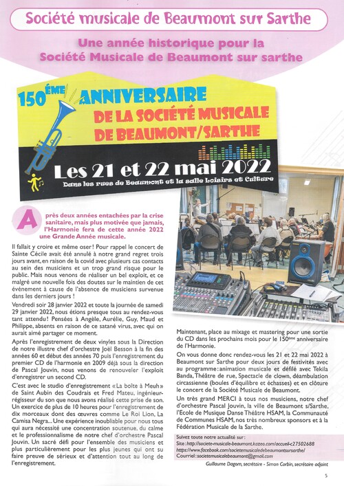Article Journal Fédération Musicale Sarthe 150 ans Société Musicale de Beaumont