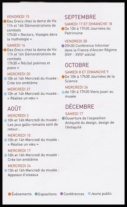 Agenda des animations 2016 au Musée du Pays Châtillonnais-Trésor de Vix