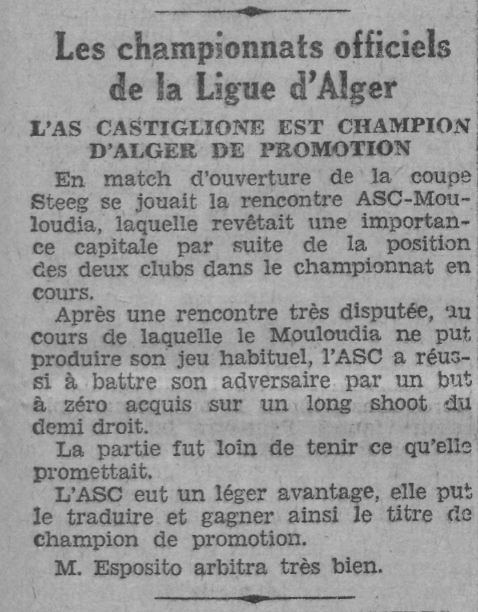 Dimanche 13.4.1930 à St Eugène mise à jour ASC-MCA 1-0 ASC champion