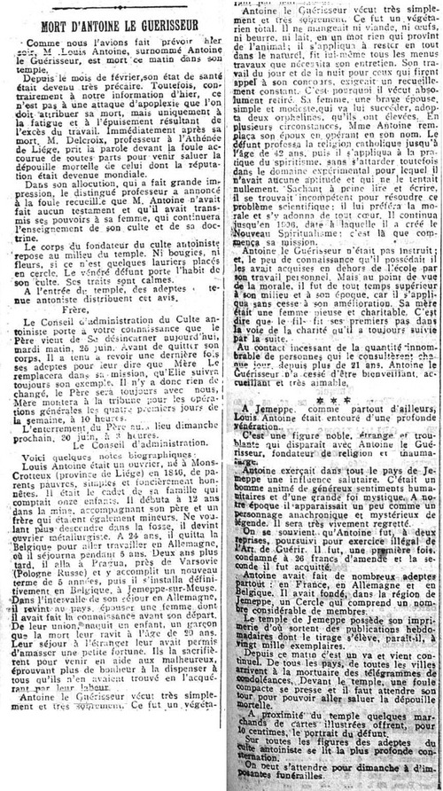 Mort d'Antoine le Guérisseur (La Meuse, 25 juin 1912)(Belgicapress)
