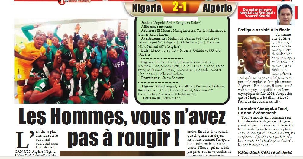 Samedi 12.12.2015 à Dakar Finale CAN U23 Nigéria-EN 2-1 BRAVO