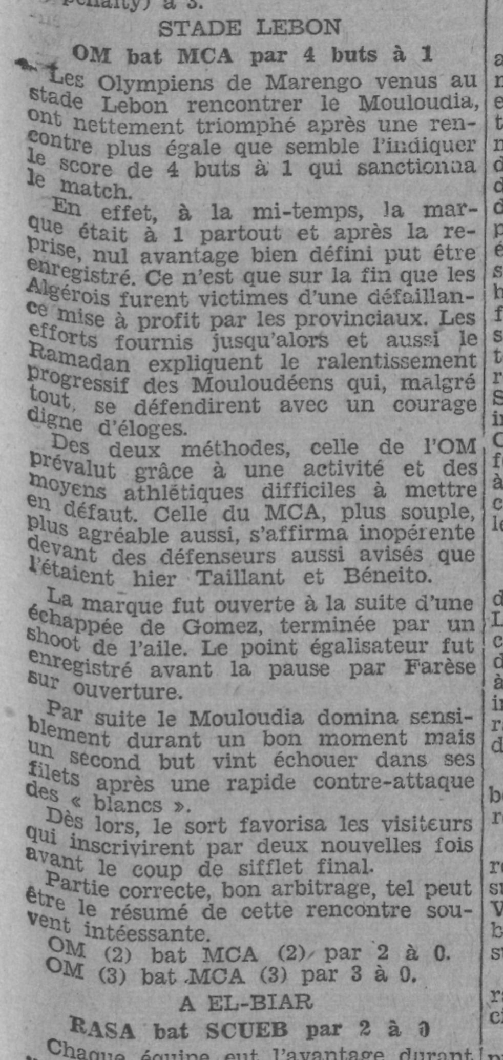 Dimanche 15.1.1933 au stade lebon MCA-O.Marengo 1-4