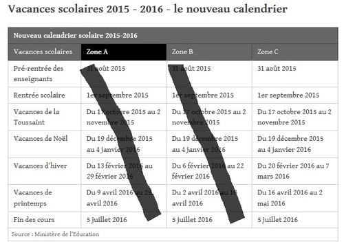 Nouveau calendrier des vacances scolaires 2015/2016