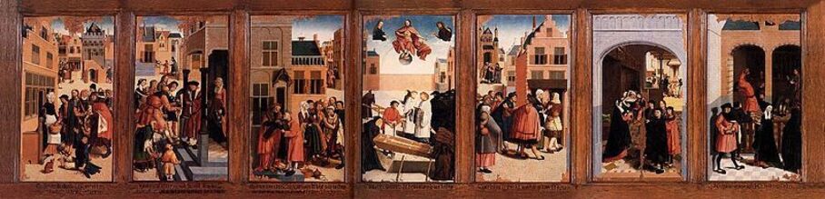 Le Maître d'Alkmaar, Les sept œuvres de miséricorde, 1504, Rijksmusem d'Amsterdam © Wikipedia. Le nom du peintre provient du polyptyque commandé par la Confrérie du Saint-Esprit de la ville et qu'il a peint pour le retable de la grande église de Saint-Laurent d'Alkmaar, en 1504. Représentant les sept œuvres de miséricorde, chaque panneau en illustre une, avec de gauche à droite : nourrir les affamés, donner à boire aux assoiffés, vêtir les indigents, ensevelir les morts, accueillir les étrangers, soigner les malades et visiter les prisonniers.