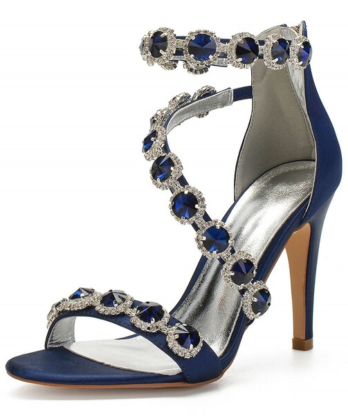 sandale à talon bleu marin embelli de bijoux