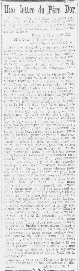 Une lettre du Père Dor (Gazette de Charleroi, 27 février 1914)(Belgicapress)