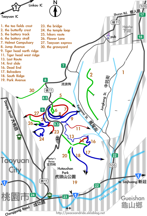 Hutoushan location of the bike routes 虎頭山道路的地圖