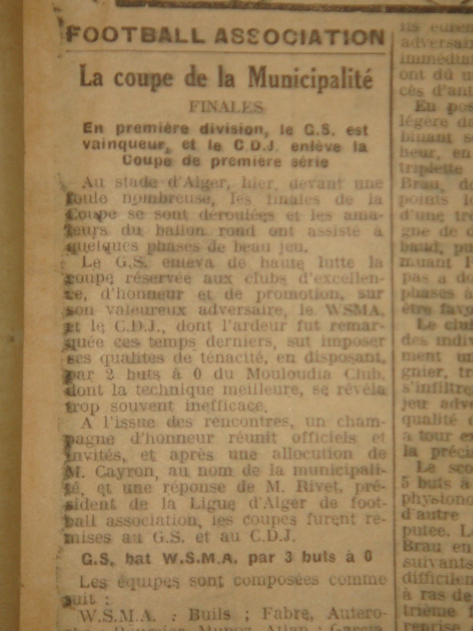 Dimanche 23.9.1928 au Municipal Finale coupe de la Municipalité CDJ-MCA 2-0