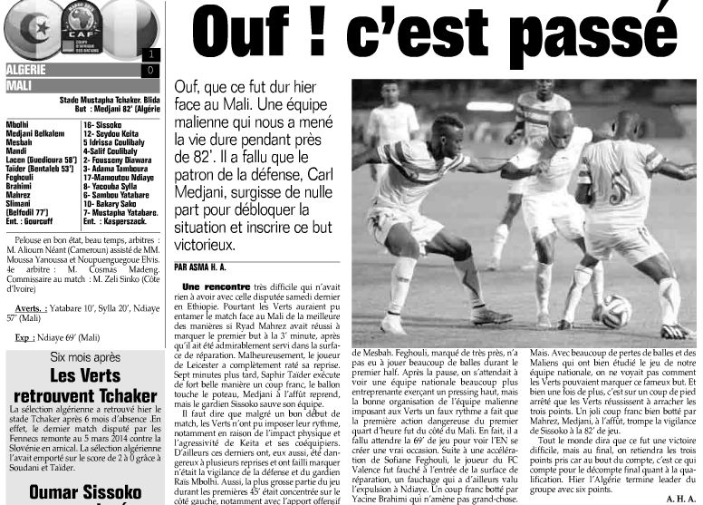Mercredi 10.09.2014 à Blida EN-MALI 1-0 E.CAN