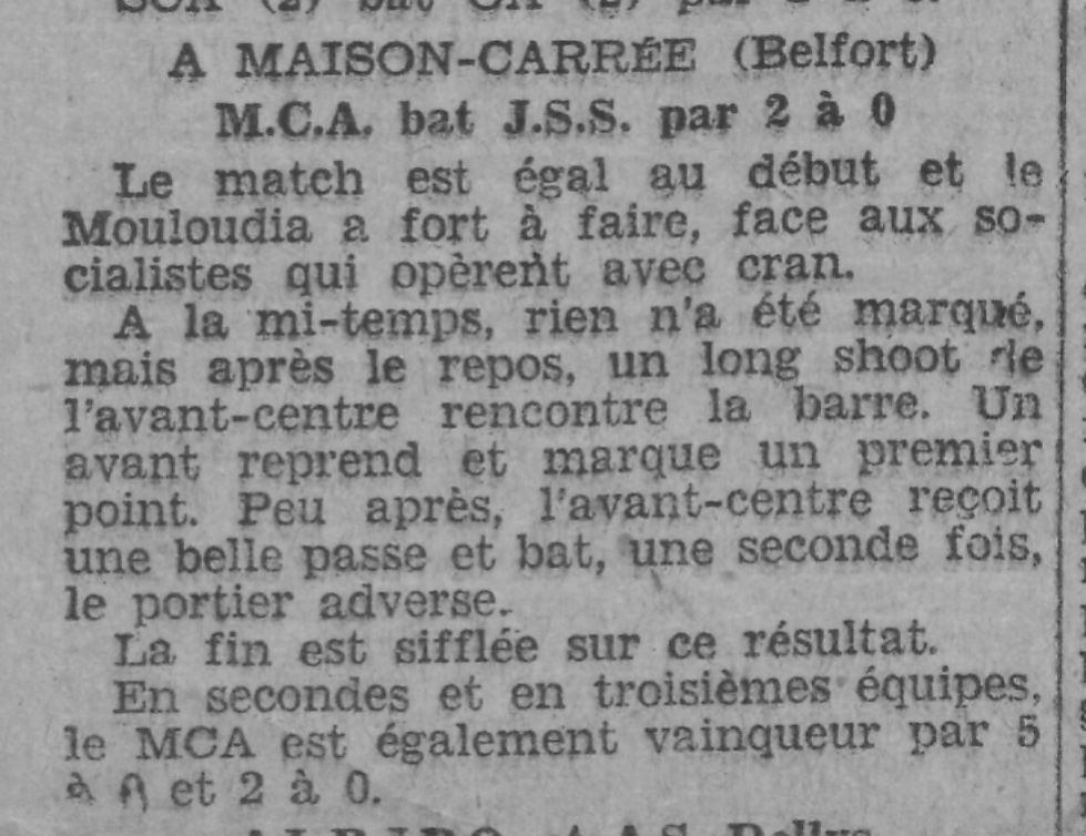 Dimanche 4.01.1931 à Belfort MCA-JSS (Jeunesse Sportive Socialiste) 2-0