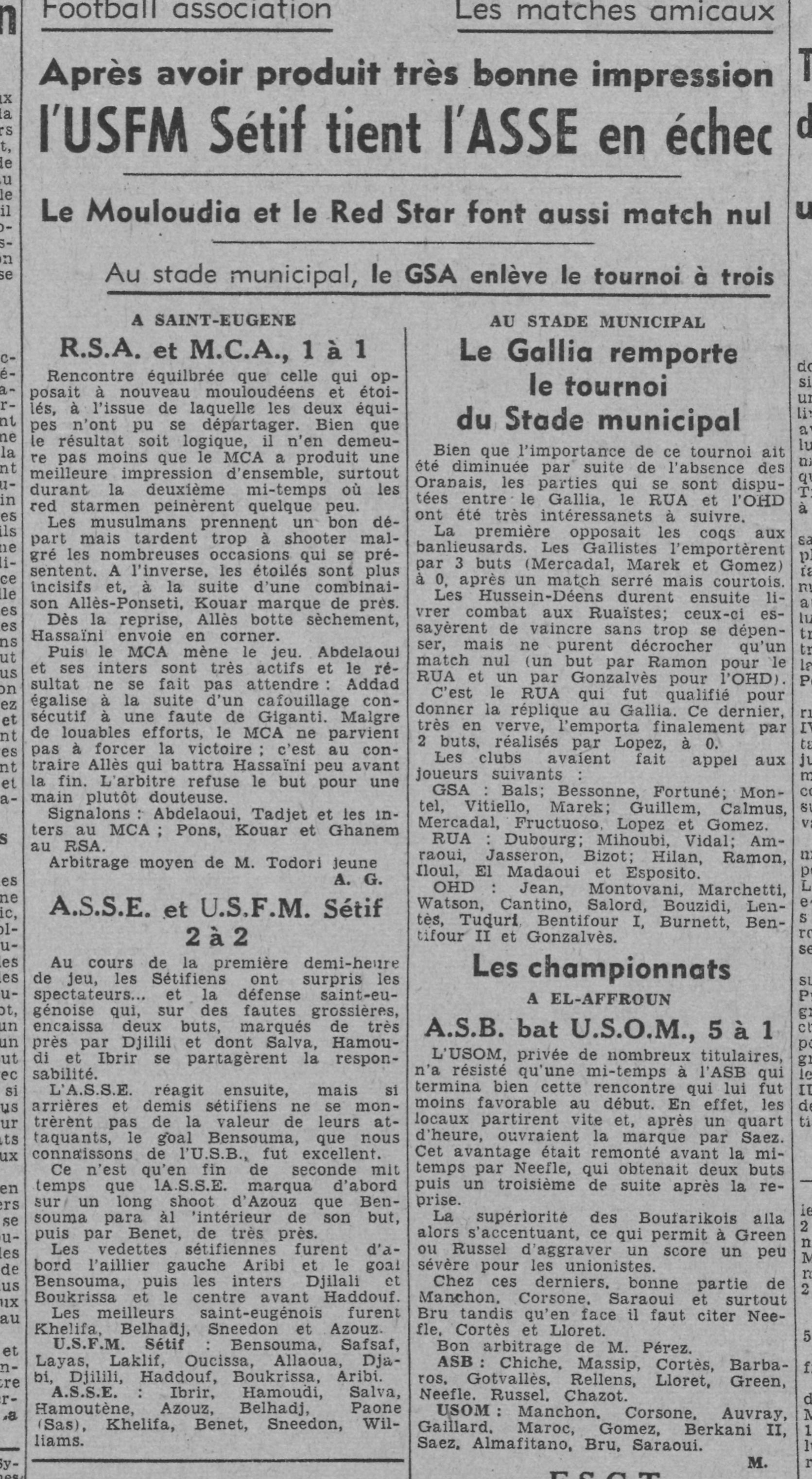 Dim 23.4.1944 à St Eugéne  Amical MCA-RSA 1-1