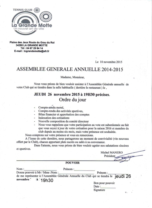 ASSEMBLEE GENERALE DU TENNIS CLUB DE LA GRANDE-MOTTE