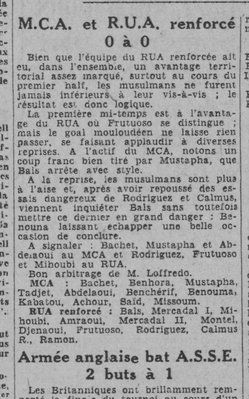 Lundi 10.4.1944 au Municipal Tournoi MCA-RUA 0-0