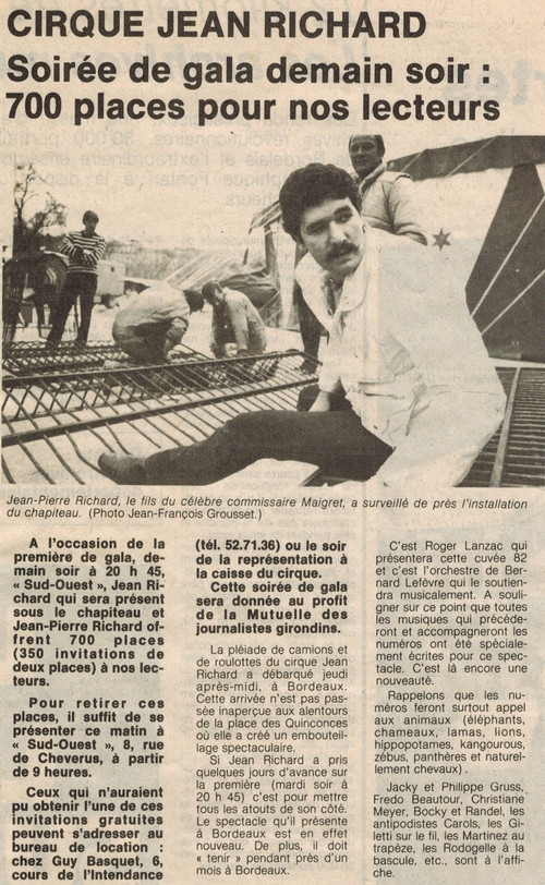 archives presse ( Sud Ouest)  Bordeaux 1982 du cirque Jean Richard  ( 1ère partie)