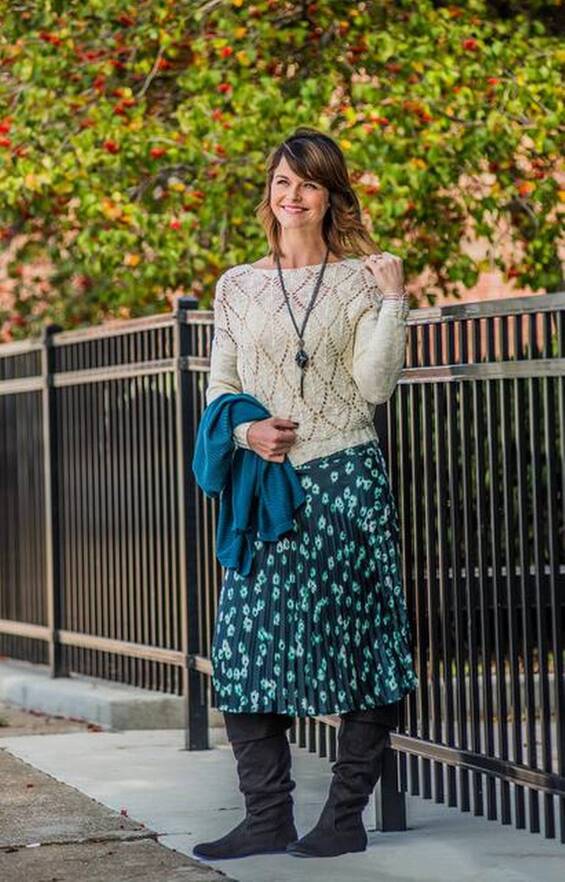 The long view: Simply Vera’s silky, pleated print over-the-knee skirt and color-coordinated cardigan pair smartly with Rewind’s lacy sweater and a camisole from Apt. 9. Skirt, $54; cardigan, $64; sweater, $48; camisole, $18; pendant, $18; bracelet, $44; boots, $79.99; all from Kohl’s.