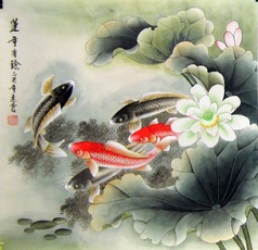 Poissons et Lotus - aquarelle chinoise
