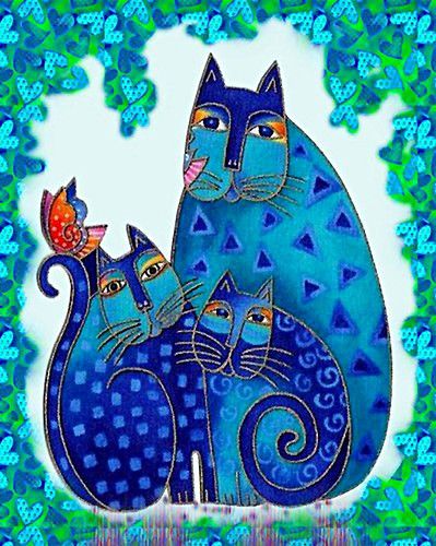 Laurel Burch - Elle dessinait des chats de merveilleuse façon avec des couleurs de bonheur et pourtant cette artiste était très malade et souffrait d'une maladie dégénérative.. Chats Bleus, Chats Et Chatons, Toile Pour Enfants, Motif De Chat, Coussin Chat, Tableau Chat, Tableau Original, Peinture Chat, Amour De Chat