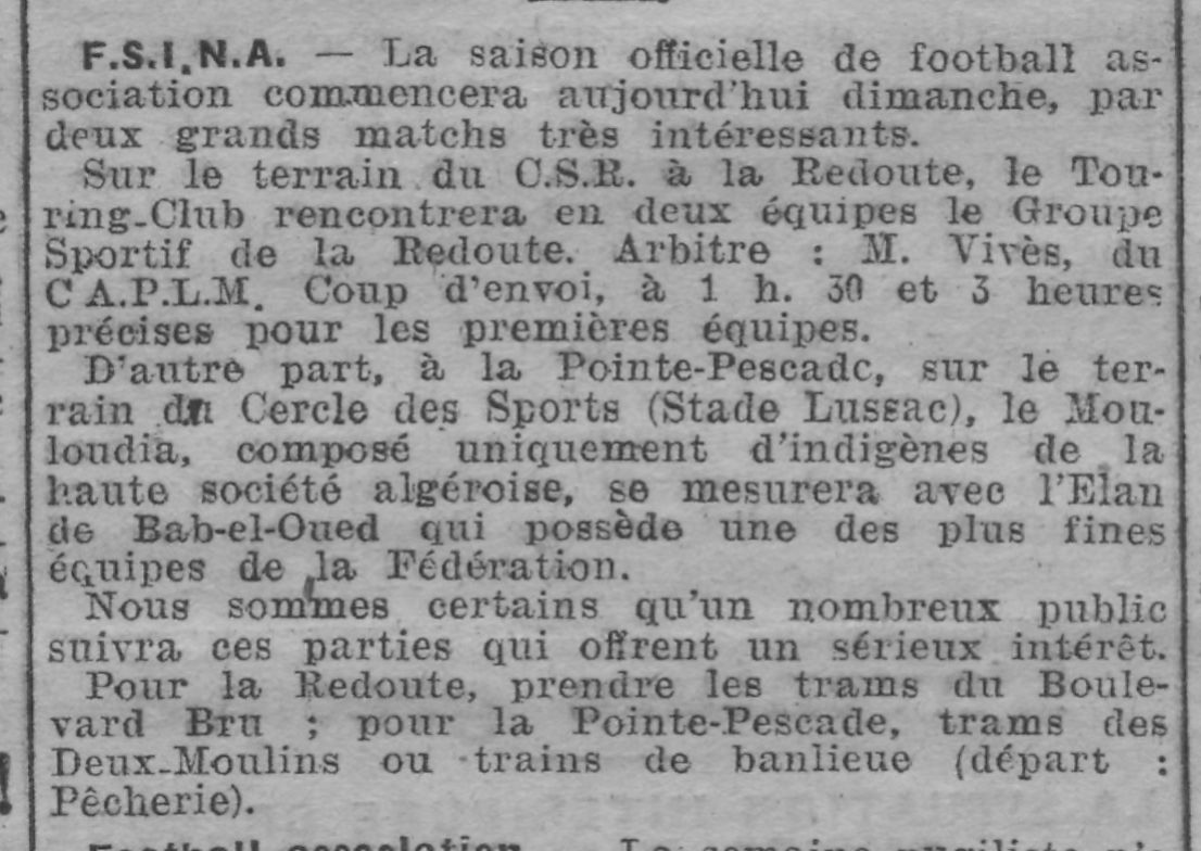 Dimanche 16.10.1921 Stade Lussac Elan Bab El Oed-MCA 8-0
