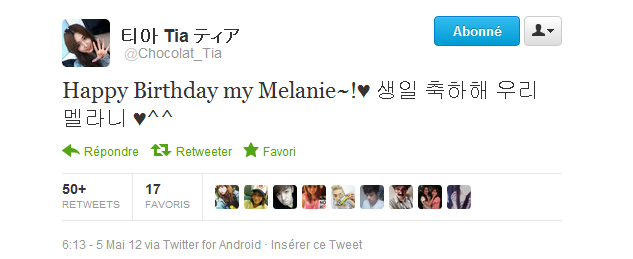 050512 {Twitter} ♥ Tia souhaite un joyeux anniversaire à Melanie