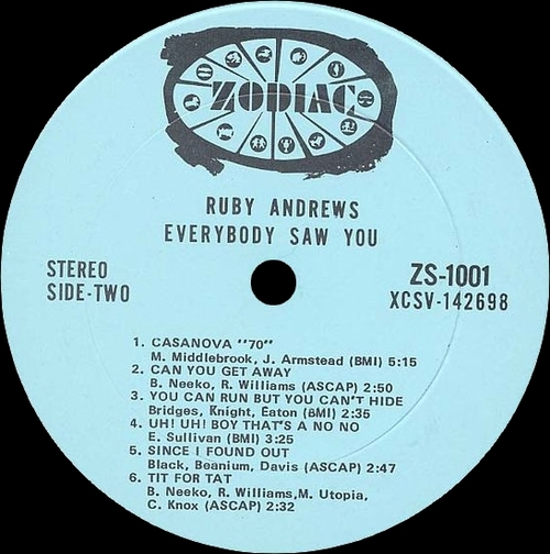 Ruby Andrews : Album " Everybody Saw You " Zodiac Records ZS-1001 [ US ]
