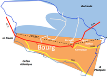 Schéma montrant l’implantation d’une ville bordée par la mer et des marais.