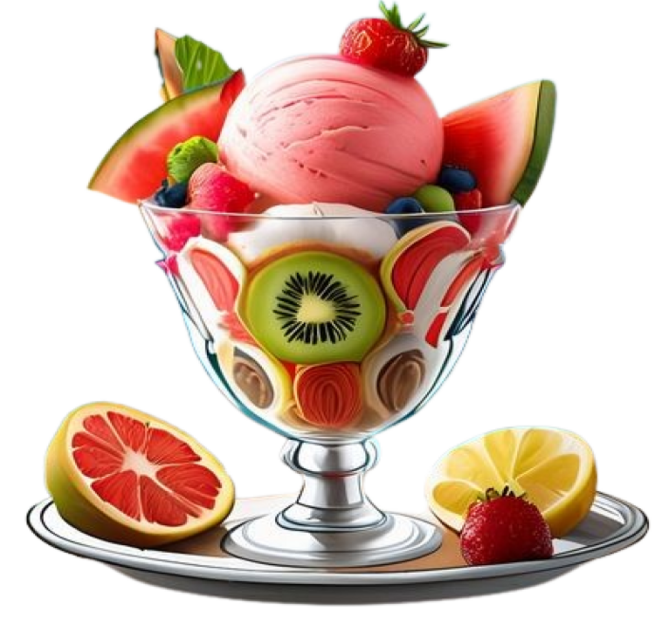 Coupe de fruits et de sorbet à la fraise et au citron.