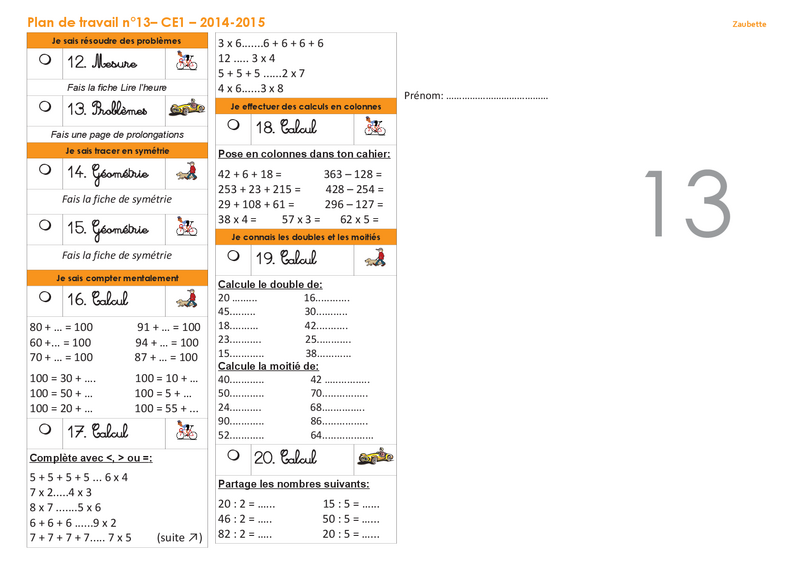 Plan de travail CE1 2014-2015 numéro 13