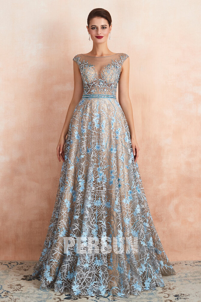 robe de soirée longue sexy col illusion bustier embelli de bijoux et jupe ornée de dentelle florale bleu