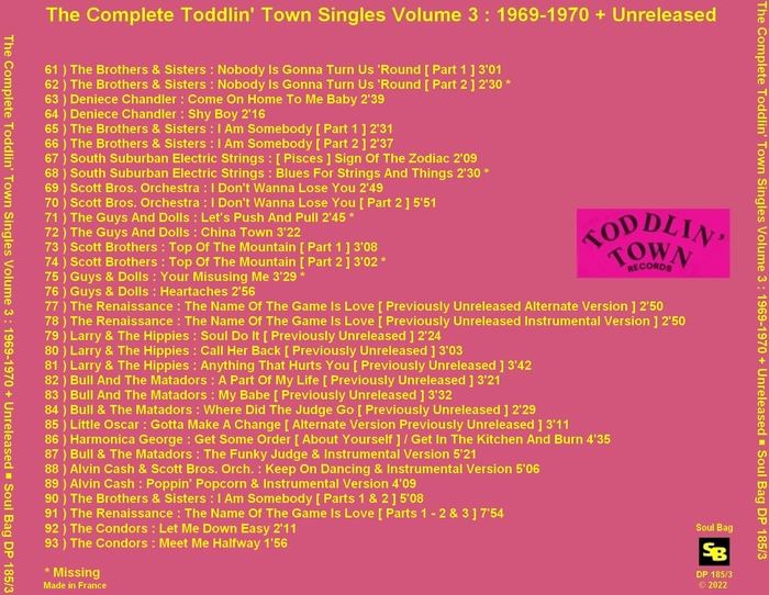Various Artist : CD " The Complete Toddlin' Town Singles Volume 3 : 1969-1970 + Unreleased " Soul Bag Records DP 185/3 [ FR ]