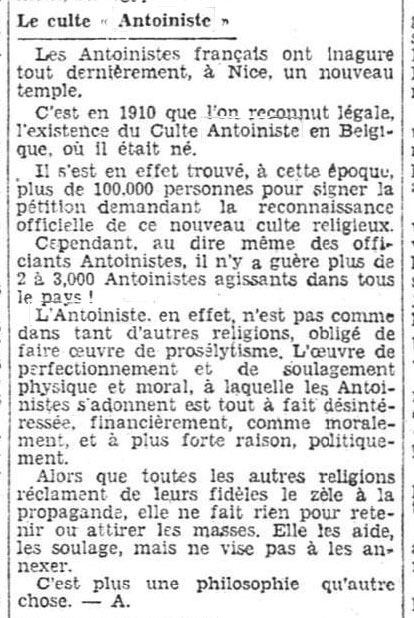 Le culte Antoiniste - Nice (La Dernière Heure, 29 octobre 1931)(Belgicapress)