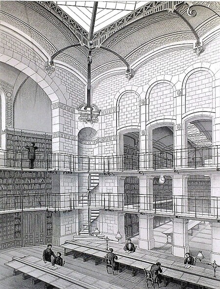 La grande salle de lecture de la nouvelle Bibliothèque de la Faculté de Droit construite par Lheureux en 1878