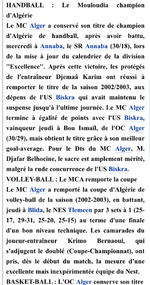 Handball MCA Champion d'Algérie  2002-2003