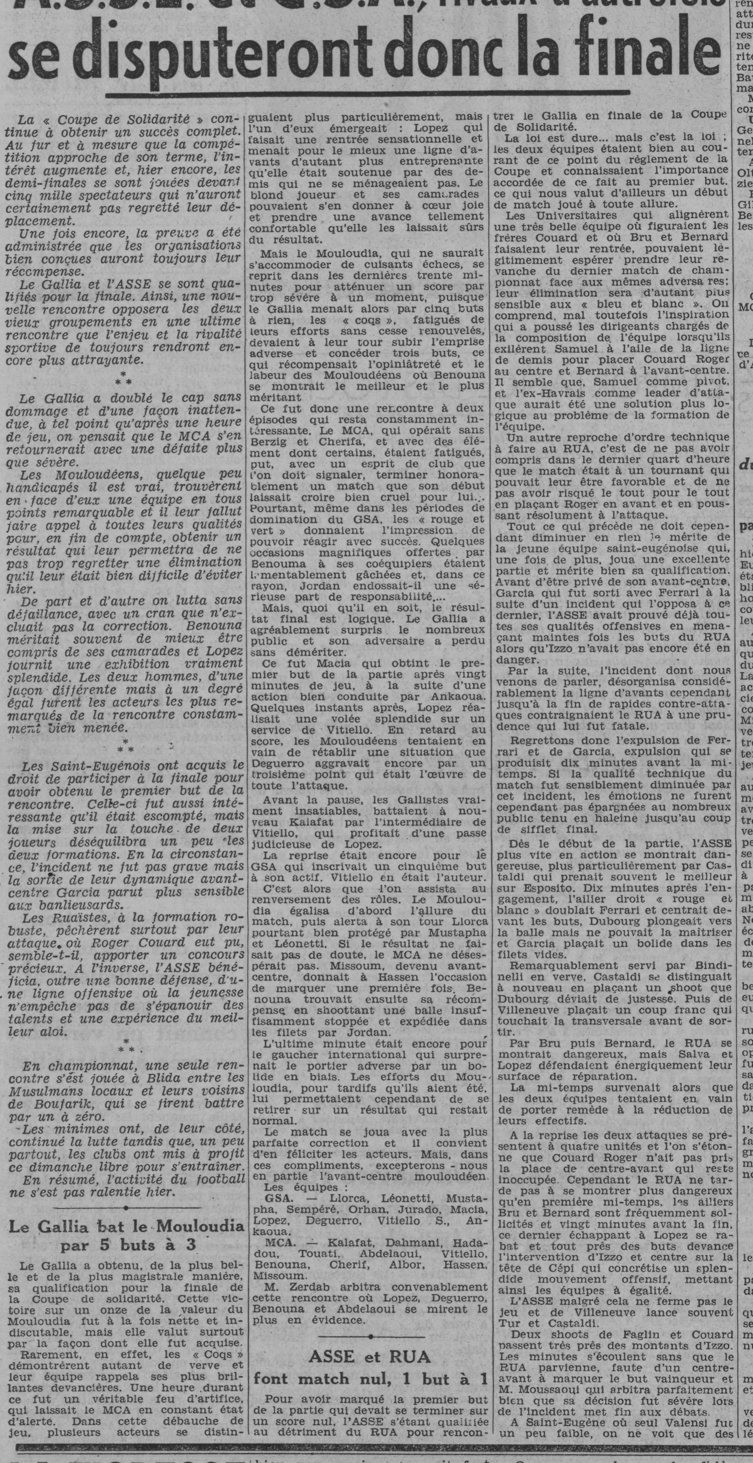 Dimanche 4.2.1940 demi finale coupe solidarité GSA-MCA 5-3