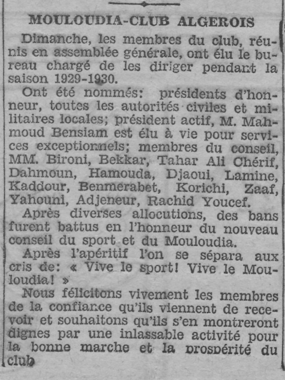 Dimanche 7.7.1929 Election du Bureau du Mouloudia