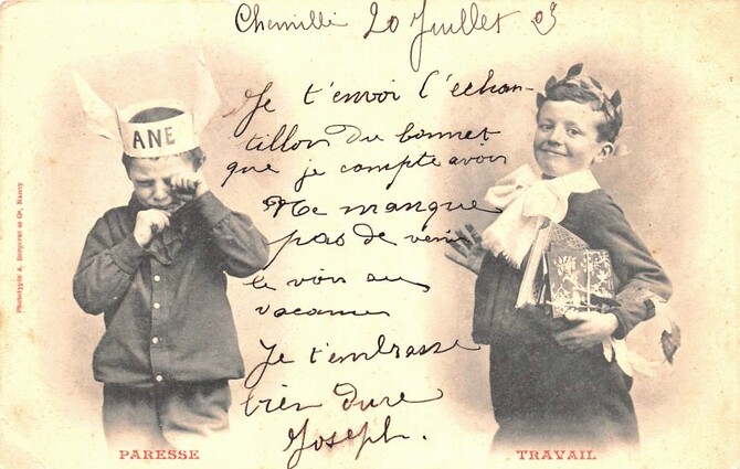 Bonnet d’Âne et Couronne de Lauriers (CPA envoyée le 20 juillet 1903).
