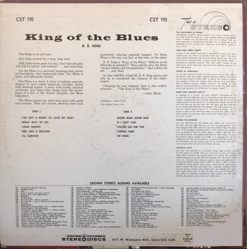 B.B. King : Album " King Of The Blues " Crown Records CST 195 [ US ]