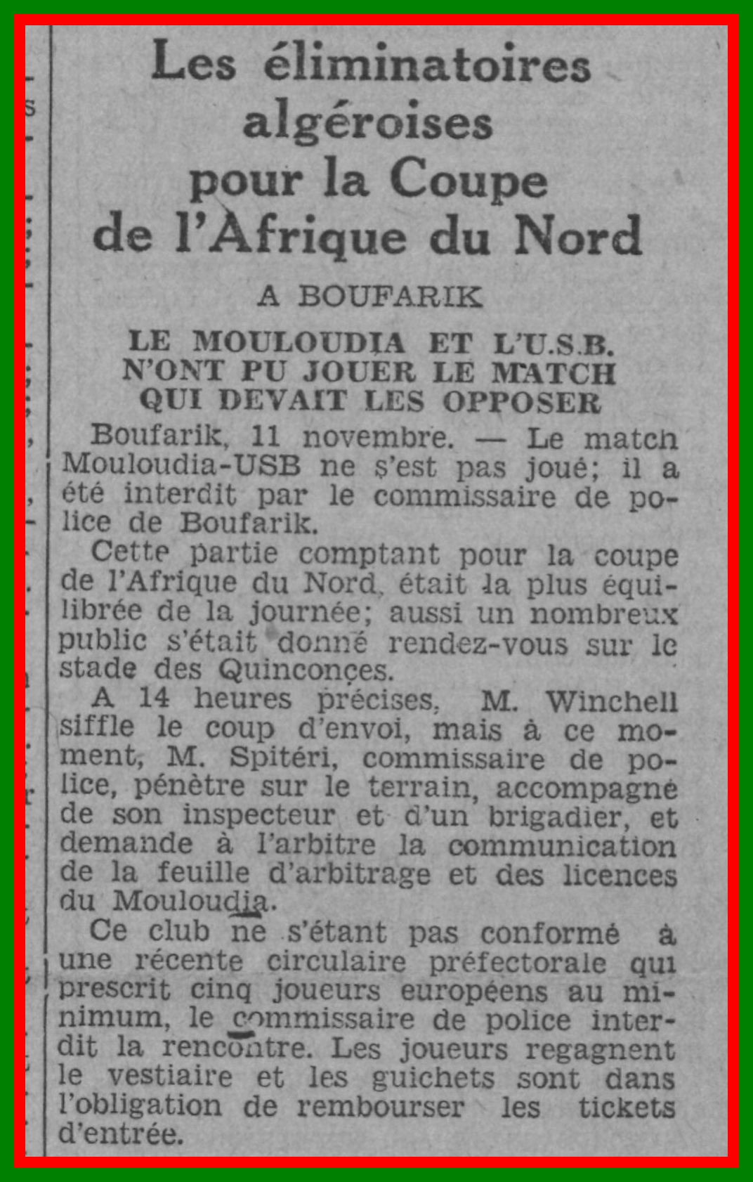 D 11.11.1934 à Boufarik coupe AFN USB-MCA non joué,